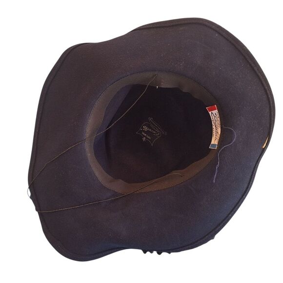 Vintage Mr. John Classic Wool Hat Wide Brim Satin Bow Navy Blue MCM Made in USA